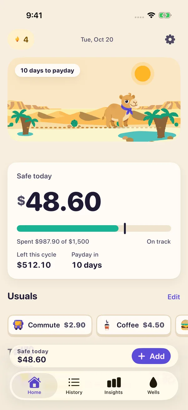 Humph's Home screen: $48.60 safe today, $512.10 left this cycle, 10 days to payday